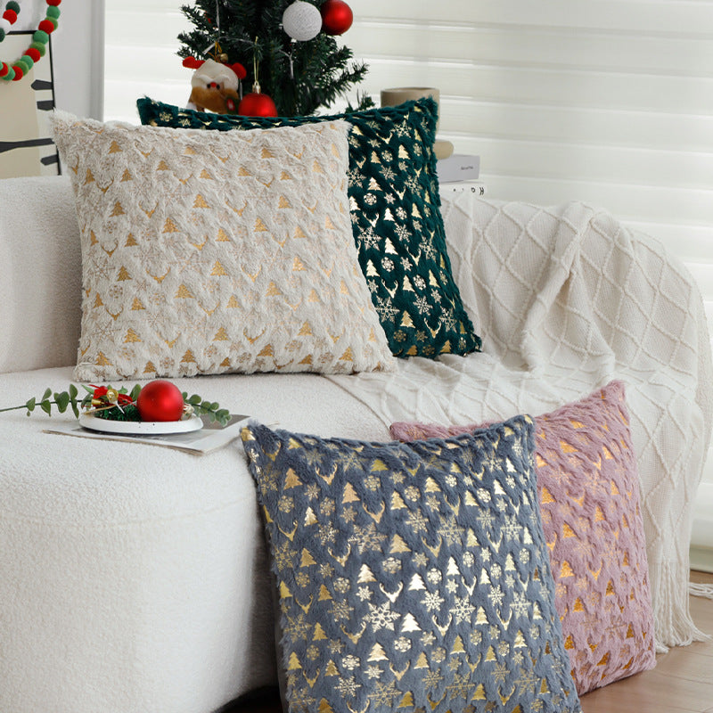 Gold Christmas Pillow Cover with Tree and Reindeer Print | Square Velvet Look Fabric, Hidden Zipper | Eight Designs in Three Sizes
