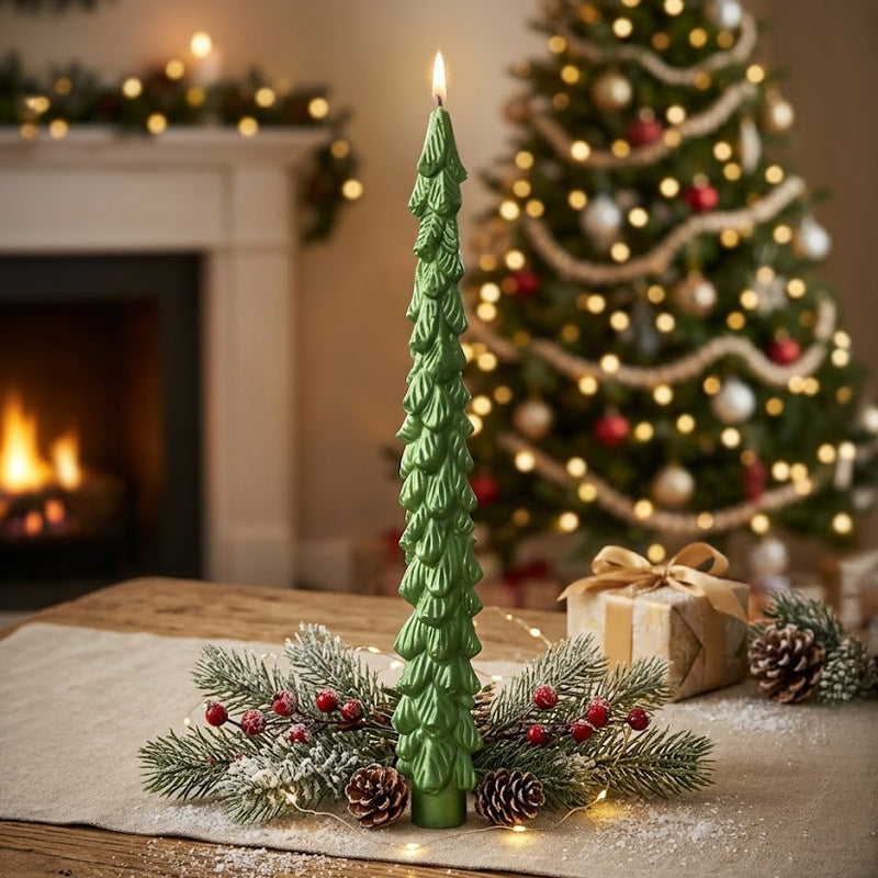 Sculpted Christmas Tree Taper Candle with Layered Branches | Cotton Wick for a Clean Even Burn | Festive Table Decorations