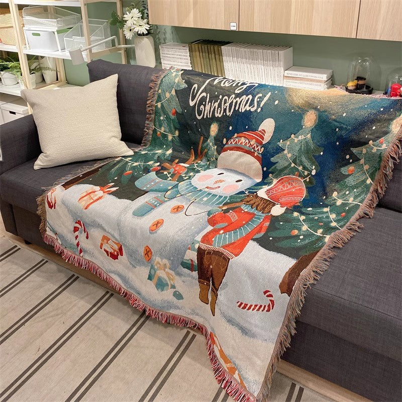 Christmas Tapestry Throw Blanket with Snowman and Trees | Soft Warm Fabric for Sofa and Bed | Four Festive Designs