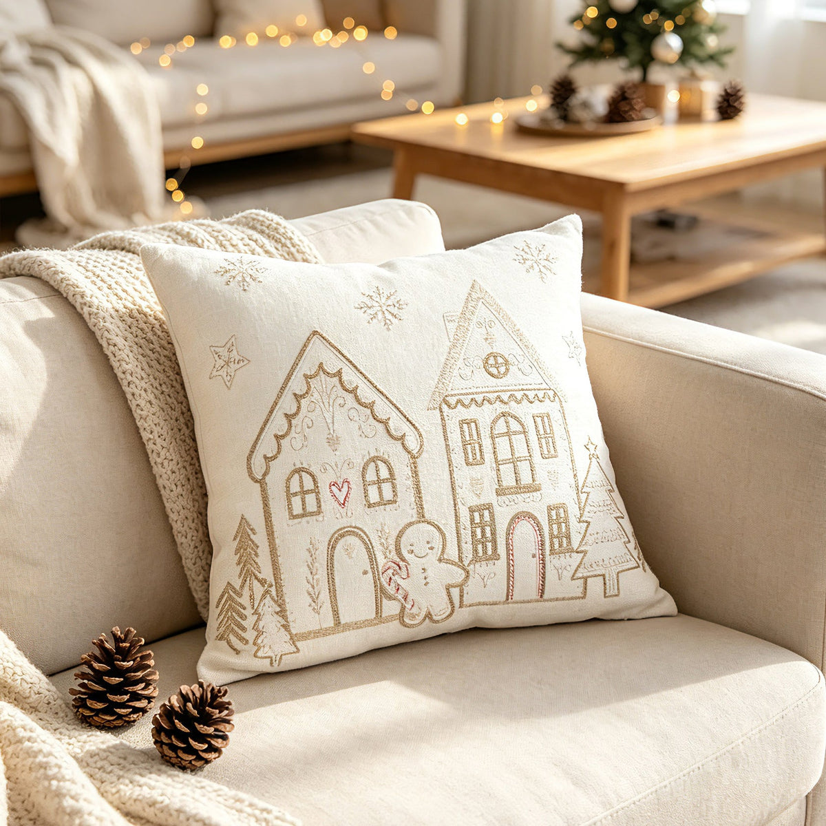 Christmas Bedroom Pillow Cover with Embroidered Gingerbread Houses | Soft Velvet Style Fabric, Hidden Zipper | Six Designs, Two Sizes
