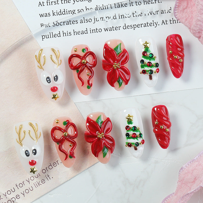 Glitter Christmas Nails with Reindeer and Bows | Set of 10 Press On Nail Tips in Three Designs | Festive Xmas Manicure