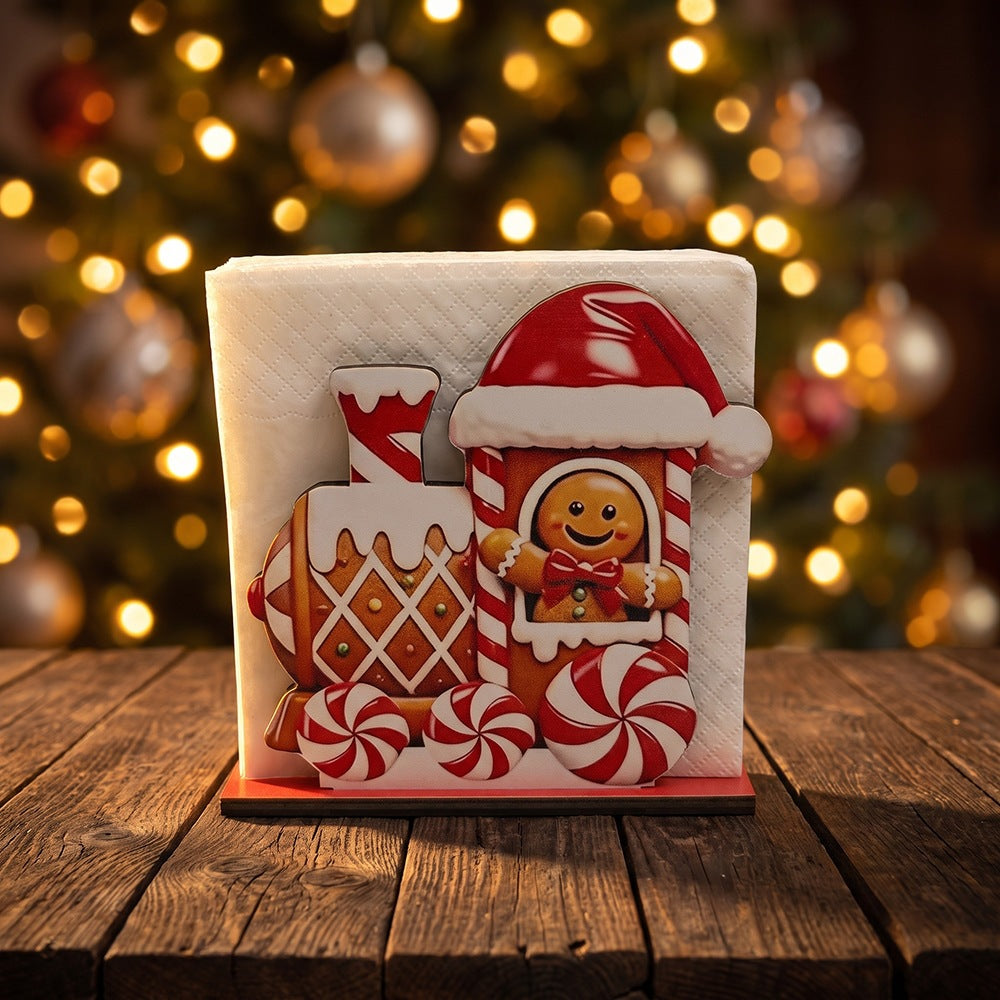 Wooden Christmas Napkin Holder with Gingerbread House Motif | Sturdy Standing Table Decorations | Four Festive Colorways
