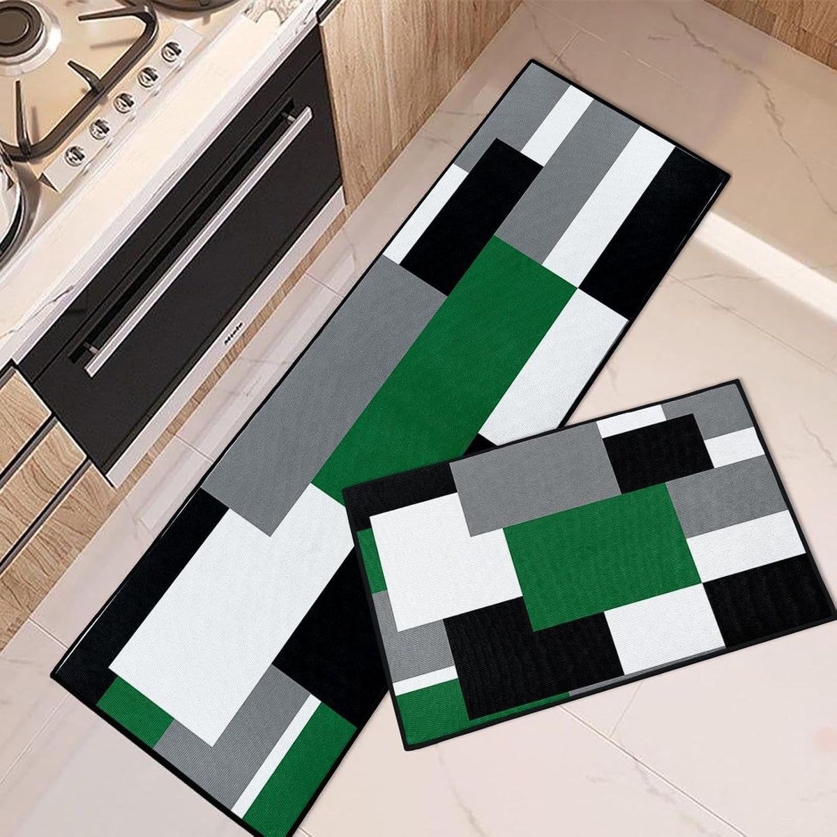 Geometric Kitchen Rug Set with Color Block Print | Non-Slip Runner and Mat for Sink and Stove | 5 Designs
