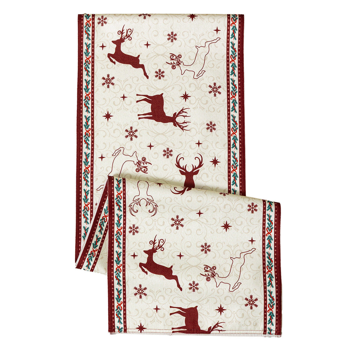 Christmas Table Runner with Reindeer and Star Print | Soft Cotton Blend Weave, Finished Edges | Machine Washable Mat, 5 Lengths