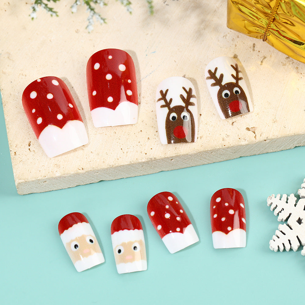 Reindeer and Snowman Christmas Nails | Glossy Press On Fingernails in Mixed Sizes | Adhesive Tabs for Festive Parties