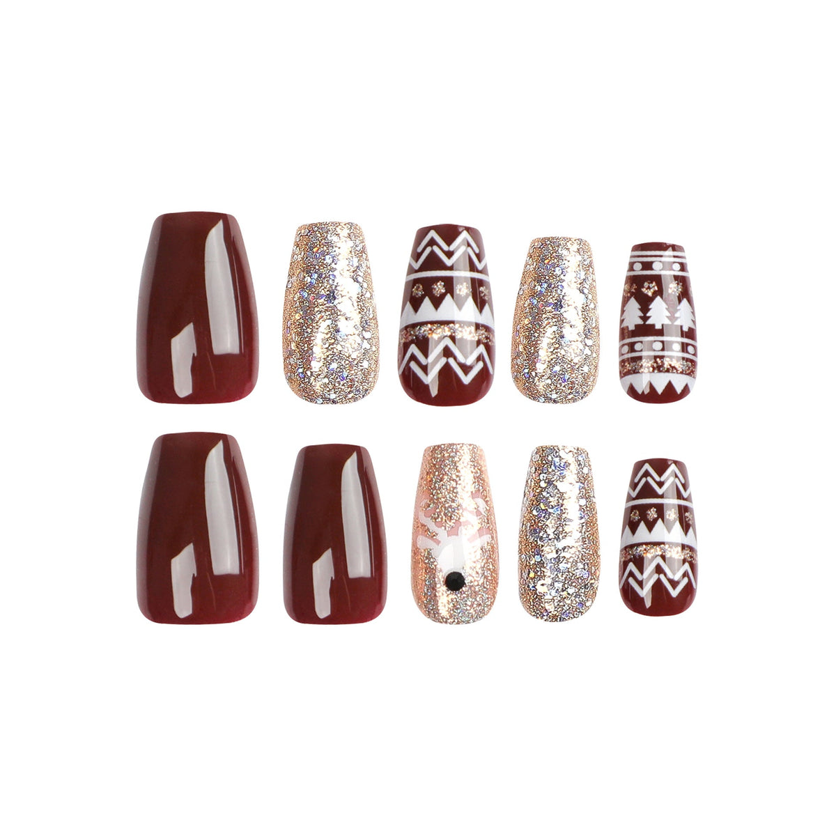 Black Christmas Nails with Nordic Knit Pattern | Glitter and Rhinestone Accents | Press On Tips in Several Sizes