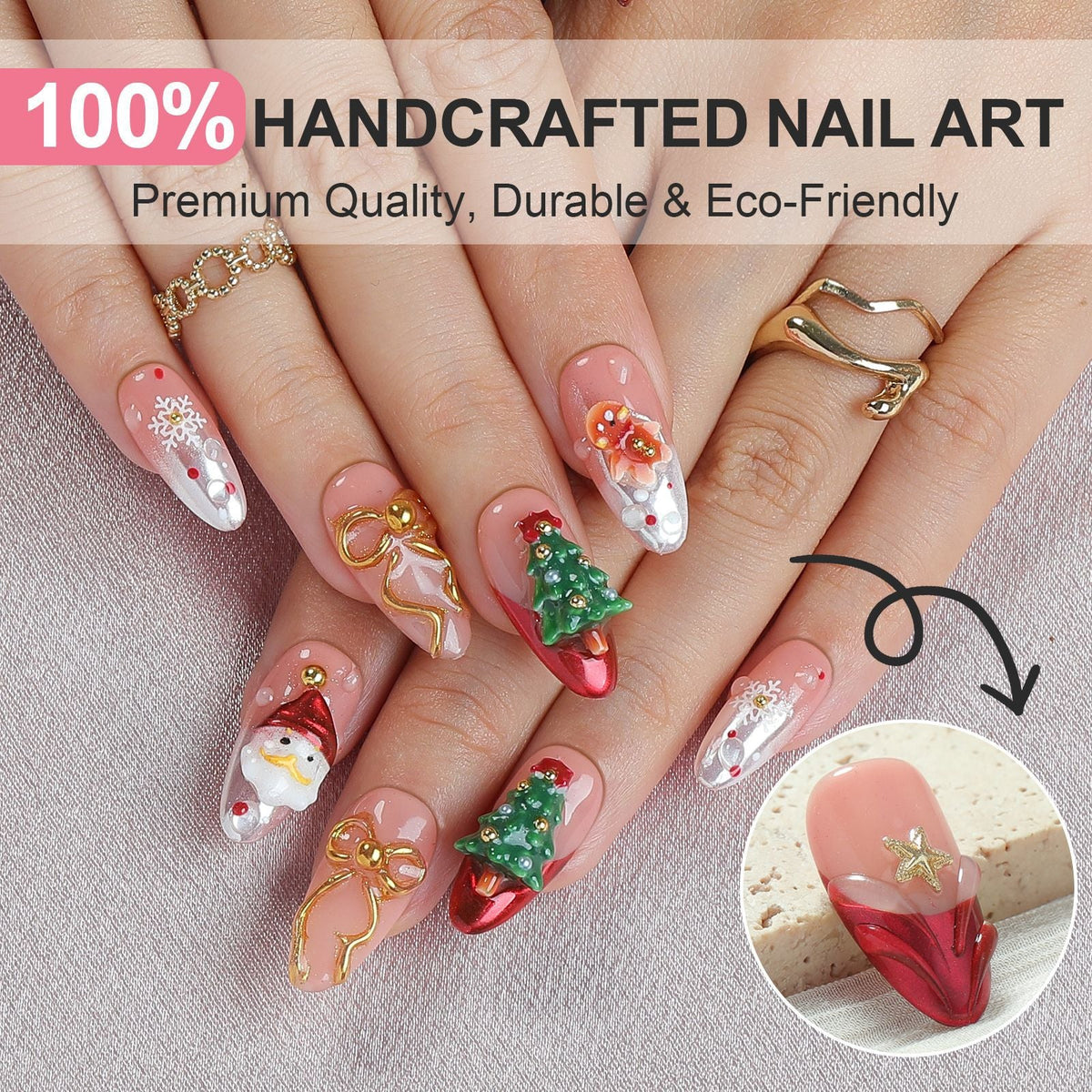 Christmas Tree Nails with Glossy Star Motifs | Festive Press On Fingernails in Mixed Sizes | Easy Nail Kit for Parties