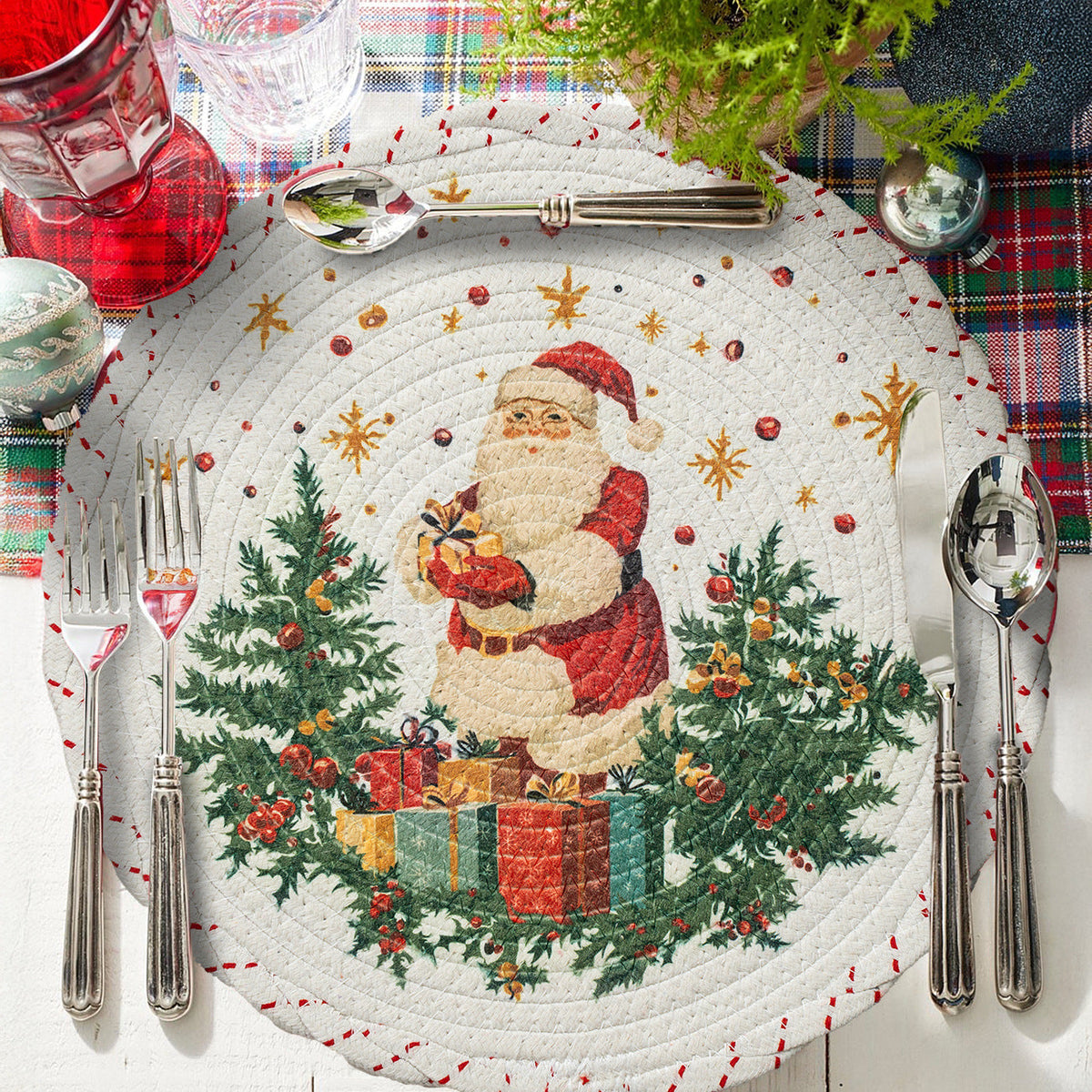 Round Braided Christmas Placemats | Santa, Tree and Reindeer Prints in Six Designs | Woven Cotton Table Decorations