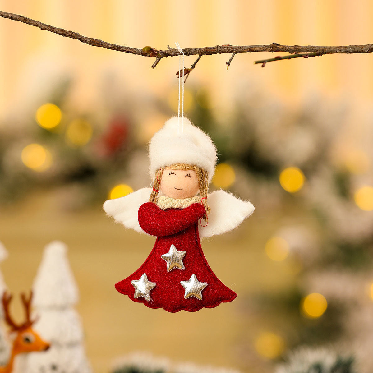 Felt Christmas Angel Ornaments with Red Hat, Wings and Star Details | Hanging String Included | Twenty Designs for Tree or Gift Wrap