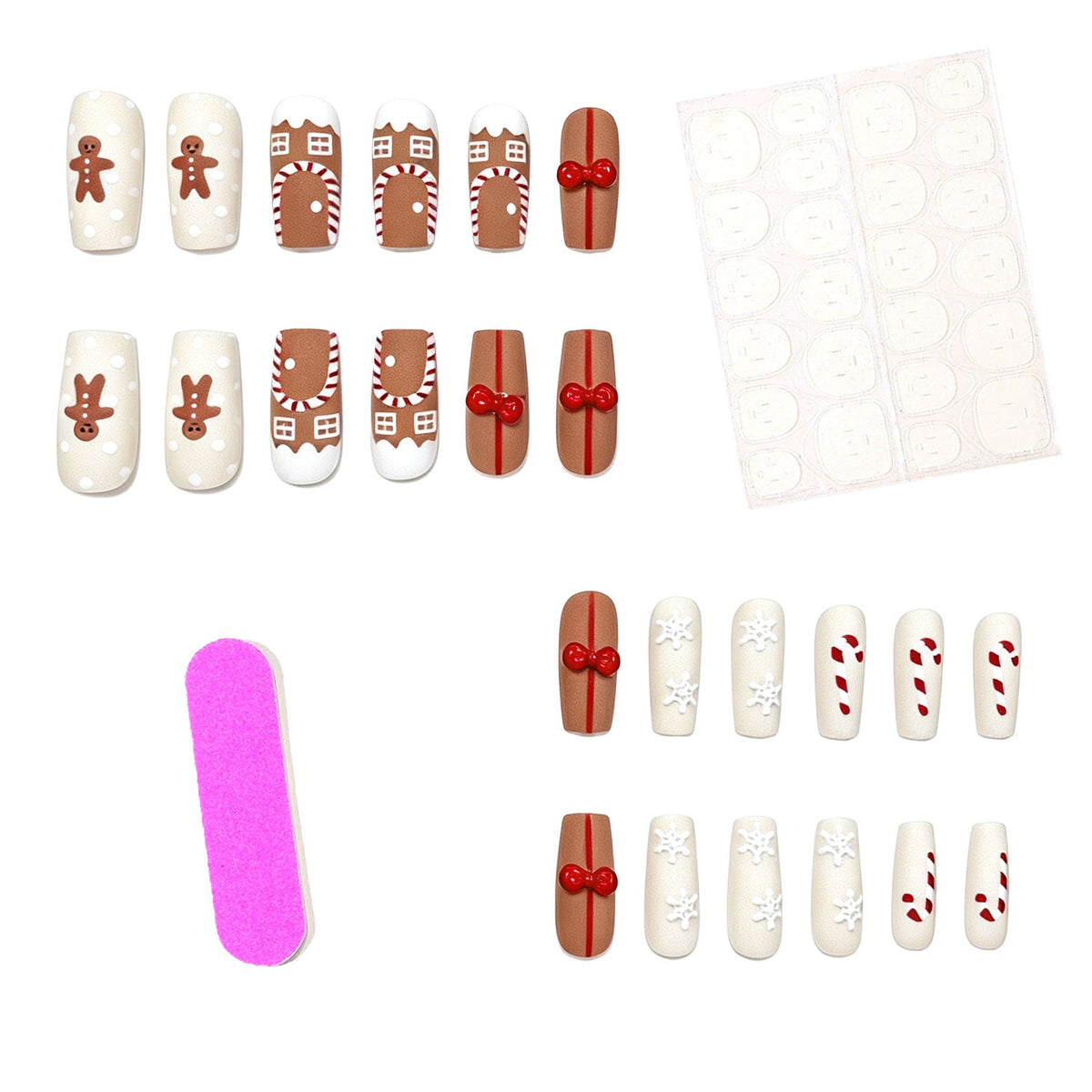 Gingerbread Nails with Candy Cane and Bow Art | Long Coffin Tips in Nude and White | Salon Quality Finish at Home