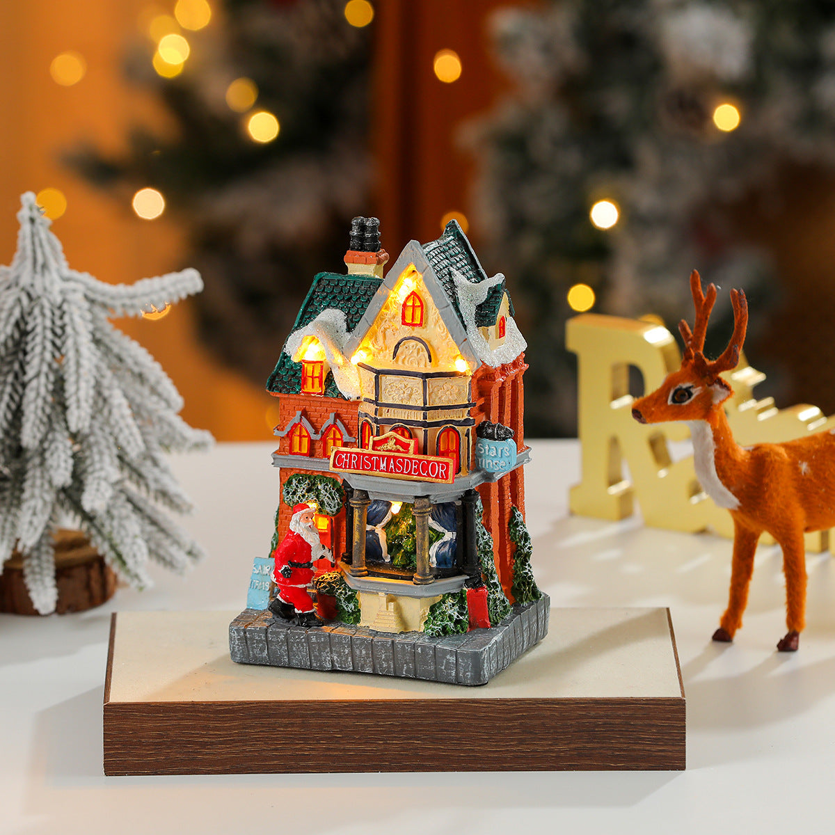 Christmas Village Houses with LED Lights | Hand Painted Resin Shop Scene | Battery Operated Winter Display