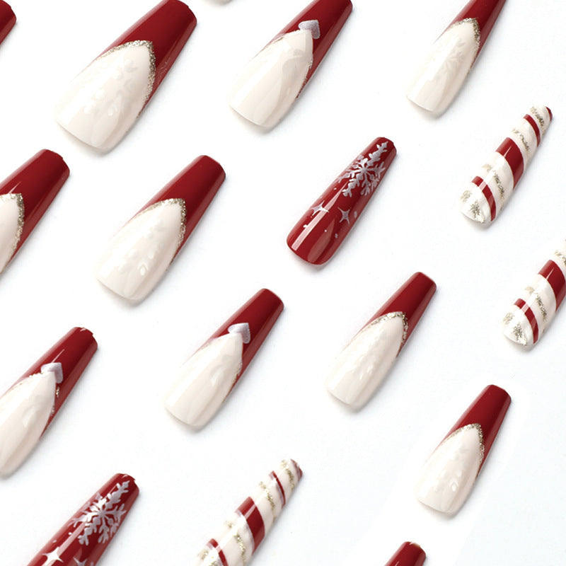 Candy Cane Nails in Deep Red and White | Long Coffin Press On Tips with Snowflake Art | Glitter Accents for Parties