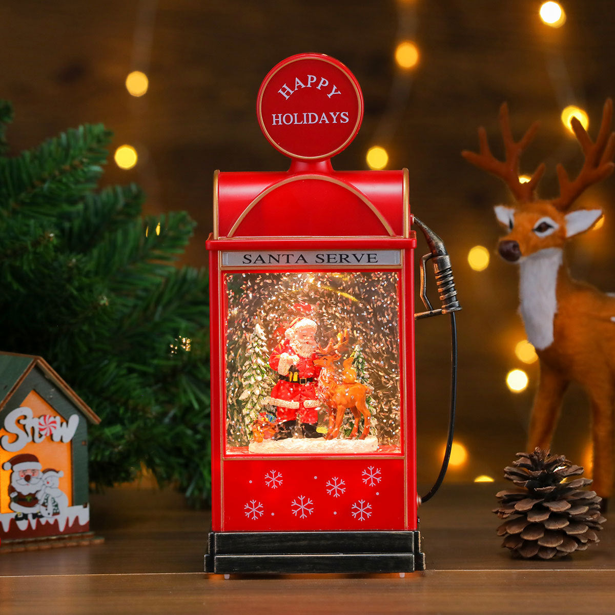 Santa Scene Lantern with Warm Christmas Lights | Battery Operated Tabletop Decor | Vintage Style and a Snowy Backdrop
