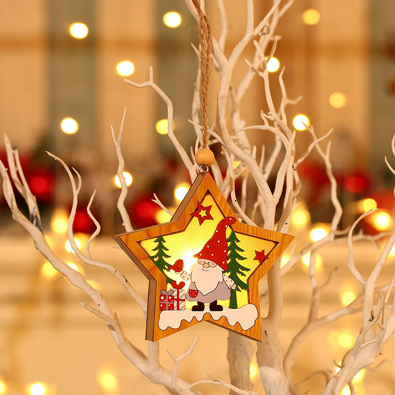 Wooden Christmas Tree Ornaments with Gnome and Santa Cutouts | Star or Round Shape on a Hanging String | 2 Colorways