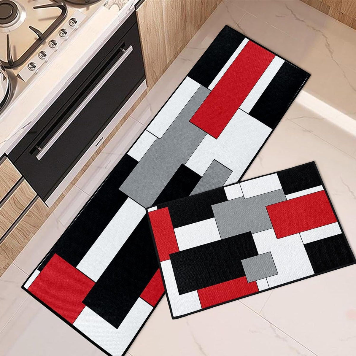 Geometric Kitchen Rug Set with Color Block Print | Non-Slip Runner and Mat for Sink and Stove | 5 Designs
