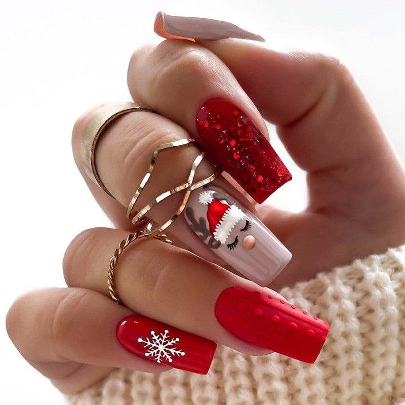 Xmas Nail Designs with Reindeer and Snowflakes | Press On Nails in Blue | Festive Christmas Manicure for Holiday Photos