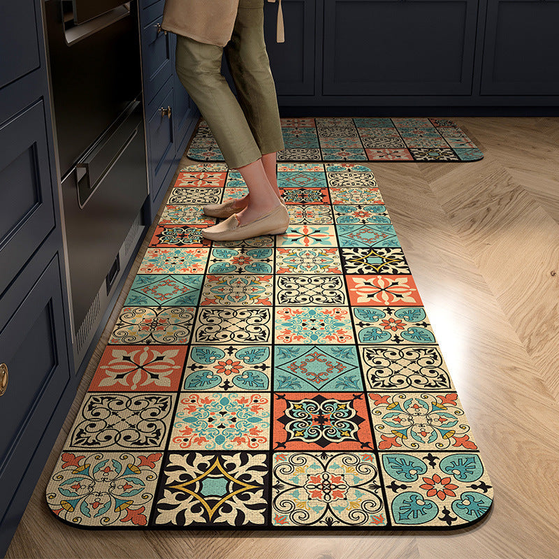 Cushioned Kitchen Rug Runner with Tile Print Border | Non-Slip Backing for Sink and Stove | 13 Designs