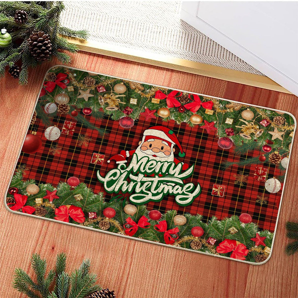 Christmas Welcome Mat with a Cat Design | Non Slip Xmas Door Rug in Two Sizes | Festive Holiday Entrance Decor