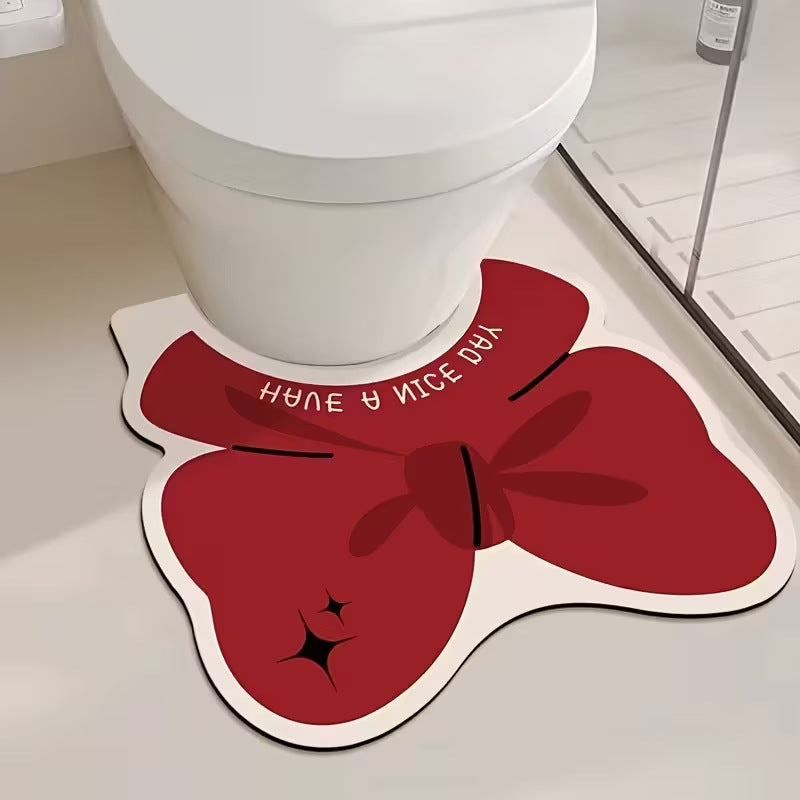 U-Shaped Toilet Rug with Bow Design | Soft Non-Slip Bathroom Mats, Machine Washable | One Size in Red