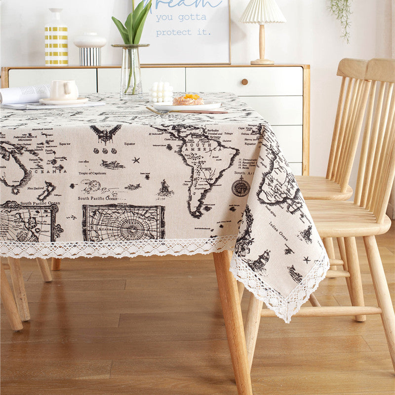 Lace Trimmed Tablecloth with Vintage Newspaper Print | Hard-Wearing Fabric for Daily Dining | 3 Sizes