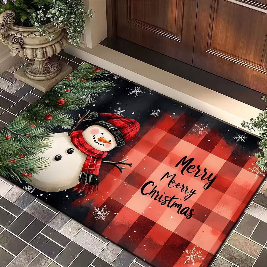Christmas Door Mat with Santa, Reindeer and Ornaments | Festive Xmas Welcome Rug for the Porch | Holiday Entrance Decor