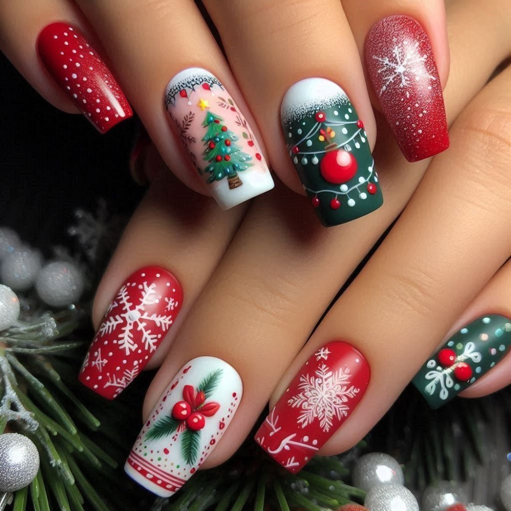 Christmas Tree Nails with Snowflake Motifs | Reusable Press On Nail Designs | Festive Winter Manicure for Parties
