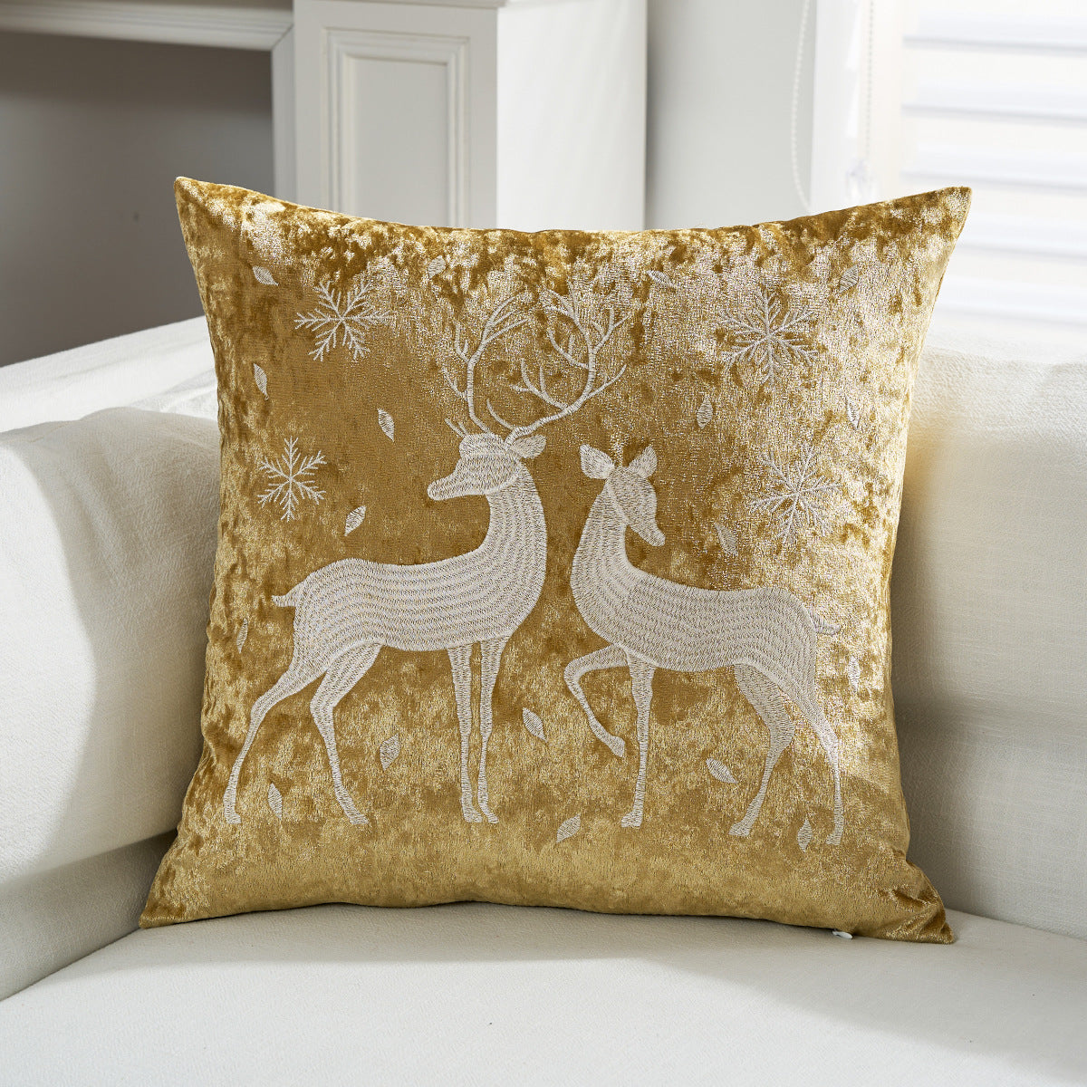 Crushed Velvet Christmas Throw Pillow with Reindeer Applique | Hidden Zipper, Washable Cover | Festive Living Room Decorations