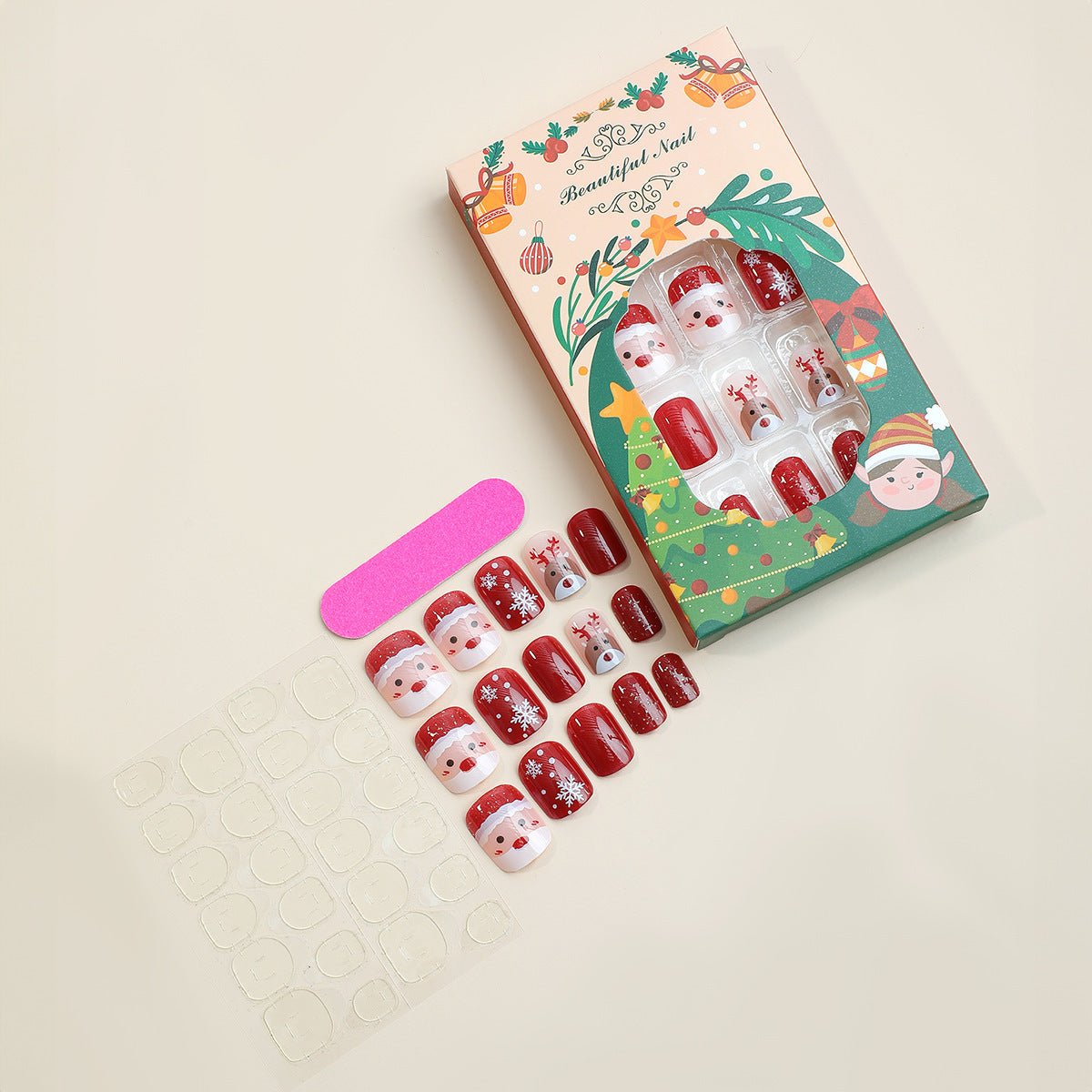 Christmas Nails with Reindeer and Snowflake Motifs | 24 Press On Fingernails in Mixed Sizes | Reusable Kit with Adhesive Tabs