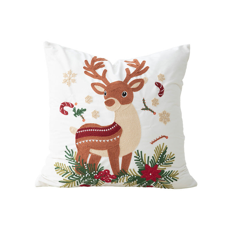 Embroidered Christmas Pillow Cover with Snowman and Fir Sprigs | Cotton Linen Blend, Invisible Zipper | Indoor Decorations