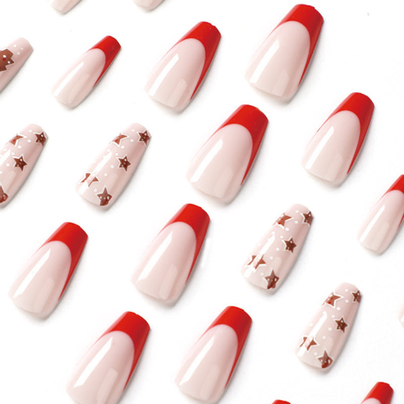 Christmas French Tip Nails in Nude and Red | Long Press On Set with Tree and Star Art | Glitter Accents, Salon Look