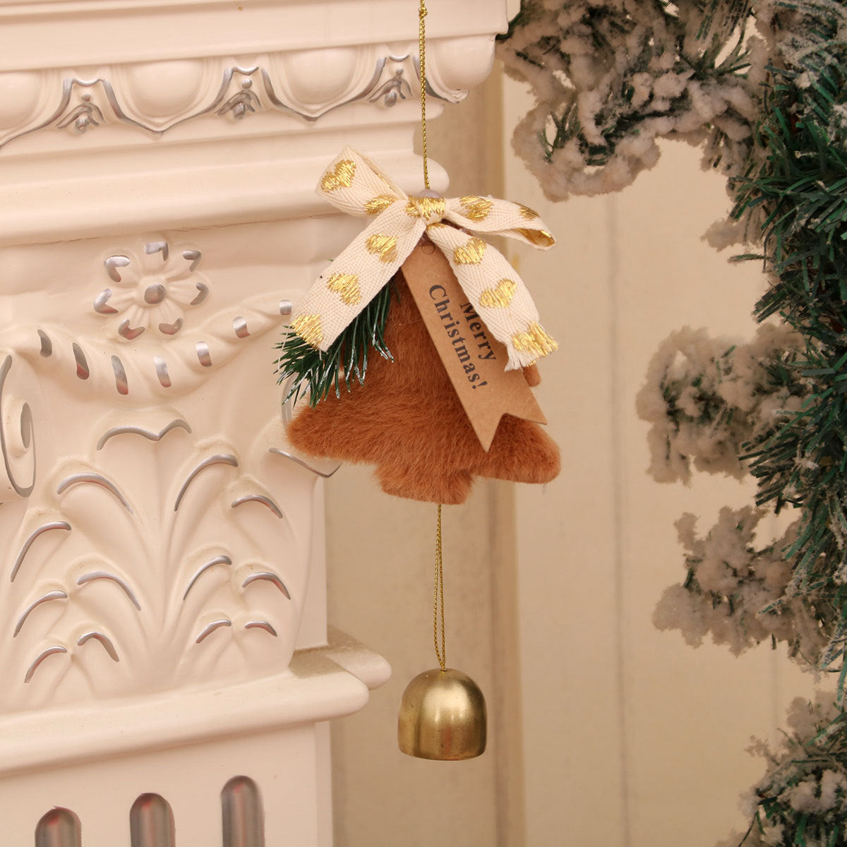 Felt Christmas Tree Ornament with Metal Bell and Merry Greeting | Gold Accent Ribbon and Hanging Cord | Door or Mantel Decorations