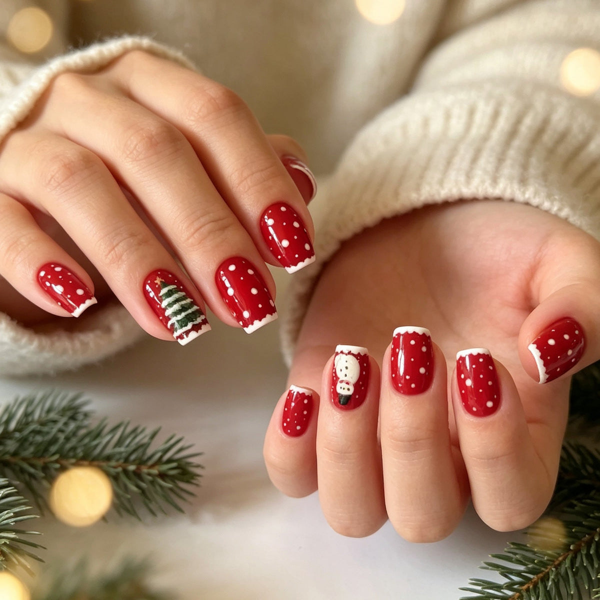 Christmas Tree Nails in Red with Polka Dot Art | Short Square Acrylic Tips | Snowman Accent, Comfortable Fit