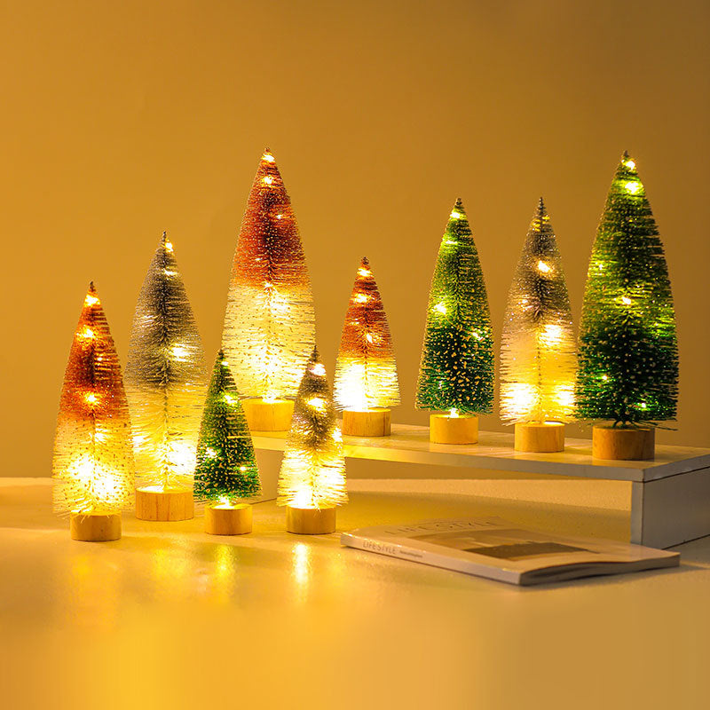 Miniature Artificial Christmas Trees with Delicate Fairy Lights | Realistic Pine Finish on a Wooden Base | Green or Silver