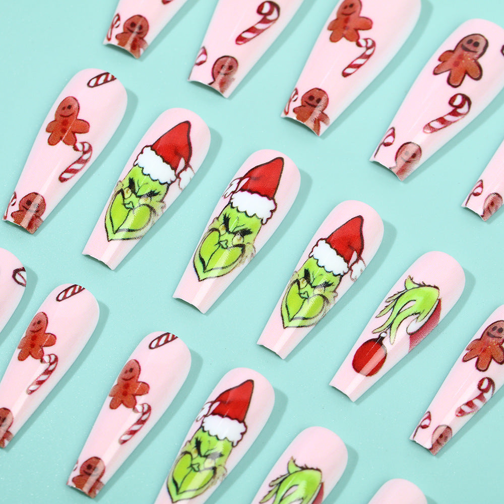 Gingerbread Nails with Santa Motifs | Glossy Christmas Press On Nail Tips | Festive Manicure for Holiday Parties