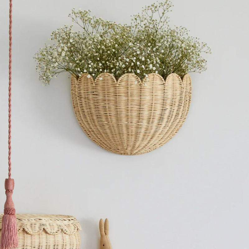 Scalloped Wall Basket Decor in Woven Rattan | Mounts Flat to Hold Plants or Small Items | 5 Finishes