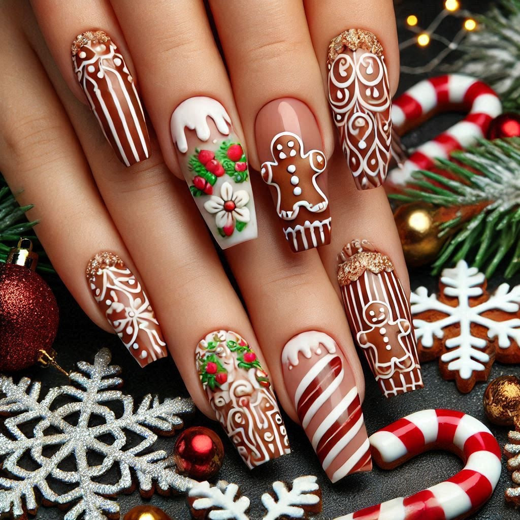 Gingerbread Christmas Nails with Glossy Finish | Festive Press On Nail Designs | Easy Winter Manicure for Parties