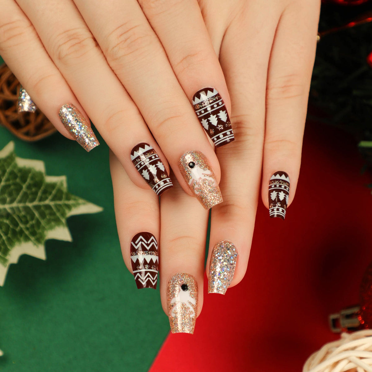 Black Christmas Nails with Nordic Knit Pattern | Glitter and Rhinestone Accents | Press On Tips in Several Sizes