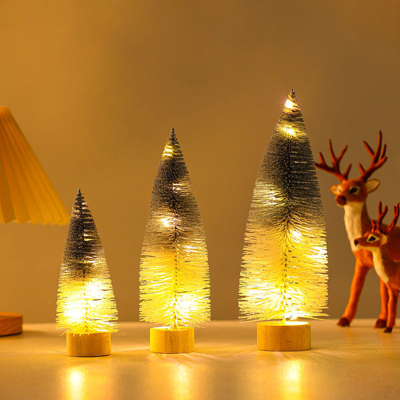Miniature Artificial Christmas Trees with Delicate Fairy Lights | Realistic Pine Finish on a Wooden Base | Green or Silver