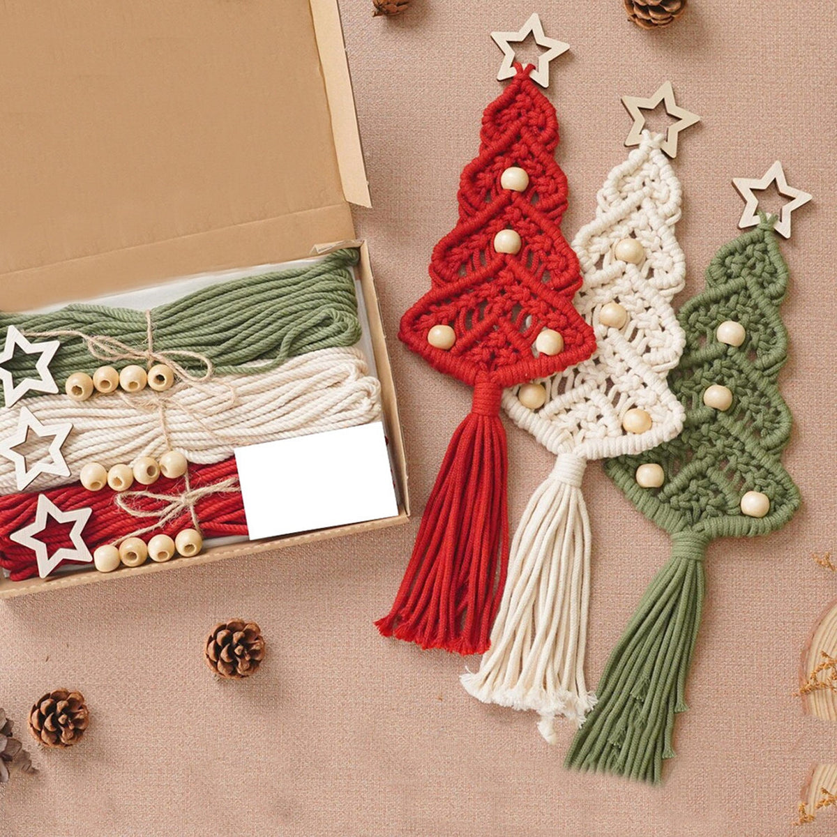 Macrame Christmas Ornament Kit for DIY Crafting | Complete Set with Every Material Included | Boho Xmas Tree Decorations