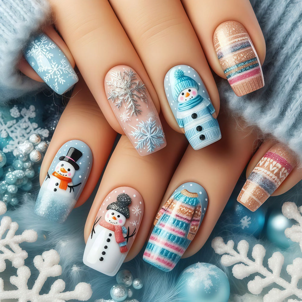 Snowman Fake Nails in Mixed Sizes | Festive Christmas Nail Designs for Winter | Easy Press On Manicure for Holiday Parties