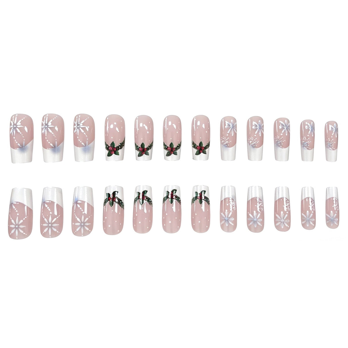 Christmas Press-On Nails with Holly and Red Berry Art | Snowflake Accents on a Nude Base | Chip-Resistant Wear
