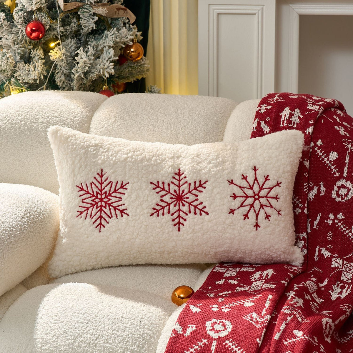 Tufted Chenille Merry Christmas Lumbar Pillow | Piped Edge on a Woven Cover | Red and Green Festive Decorations