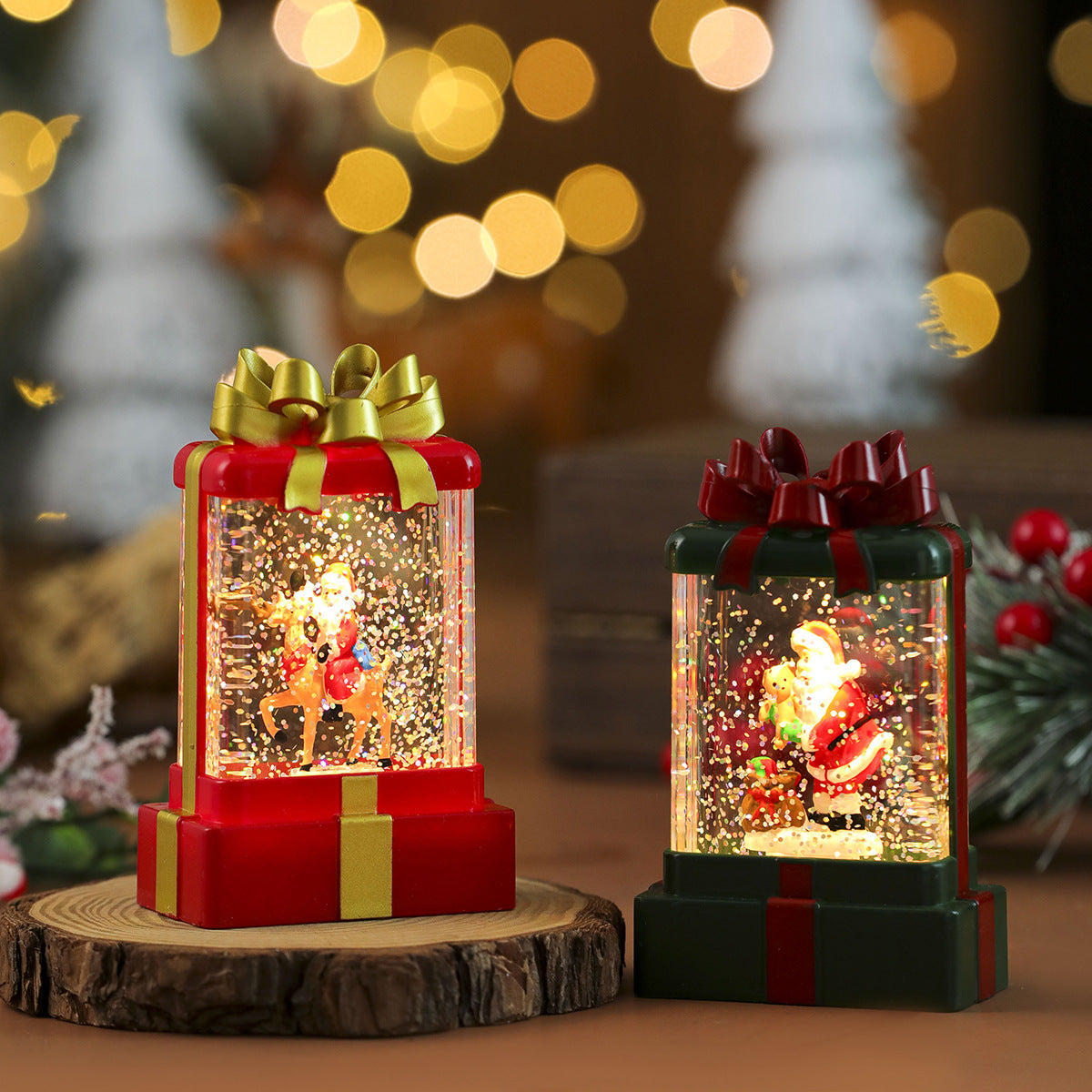 Gift Box Shaped Christmas Decorations with a Santa Scene | Shake for Swirling Snowflakes | Warm LED Light in Red, Green or White