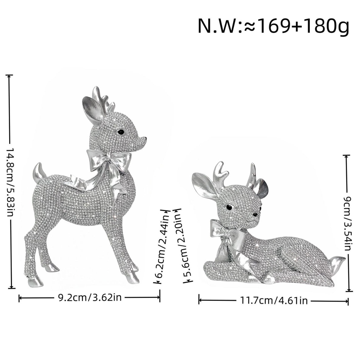 Reindeer Figurine with Glitter Accents and a Festive Bow | Christmas Deer Decor in Gold, Silver, White or Red | Holiday Sculpture