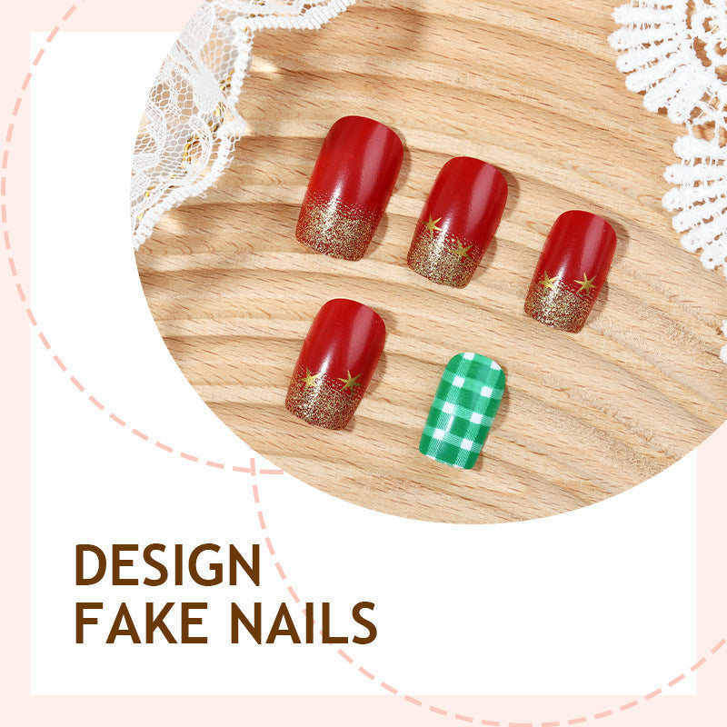 Green Plaid Christmas Nails with Gold Tips | Star Motif Press On Nail Designs | Festive Winter Manicure for Parties