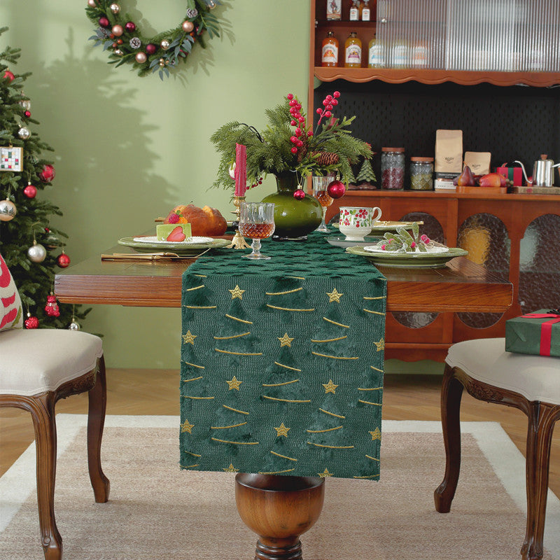 Christmas Table Runner with Tree Pattern and Gold Accents | Festive Green Xmas Linen for Dining and Buffet | Holiday Decor