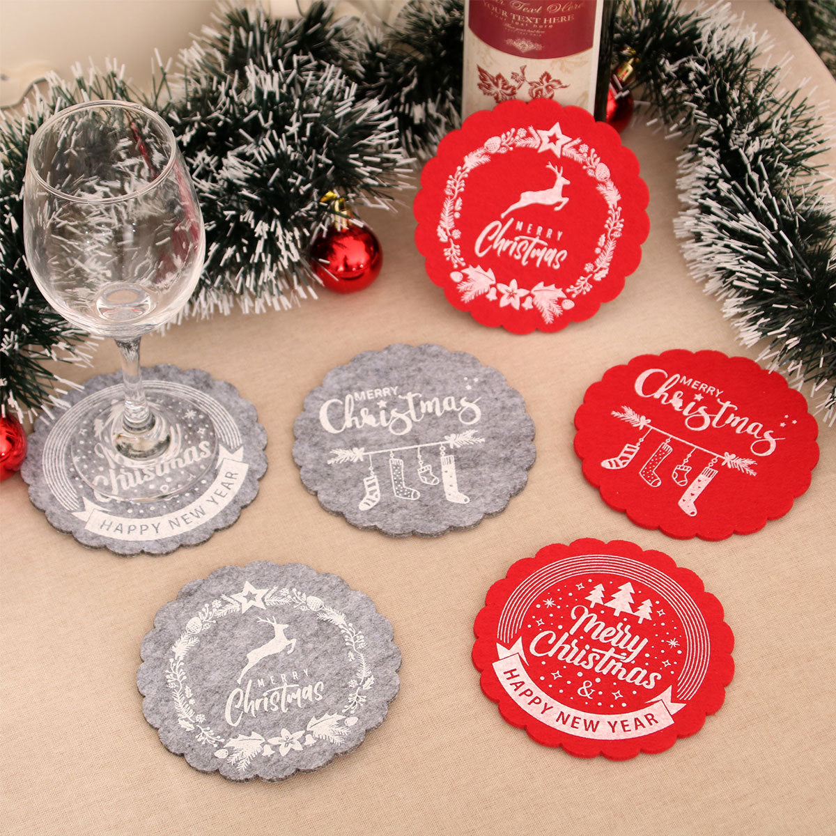 Felt Christmas Table Mats with Scalloped Edges and Merry Print | Round Placemats and Coasters, Two Colorways | Wipe Clean Decorations
