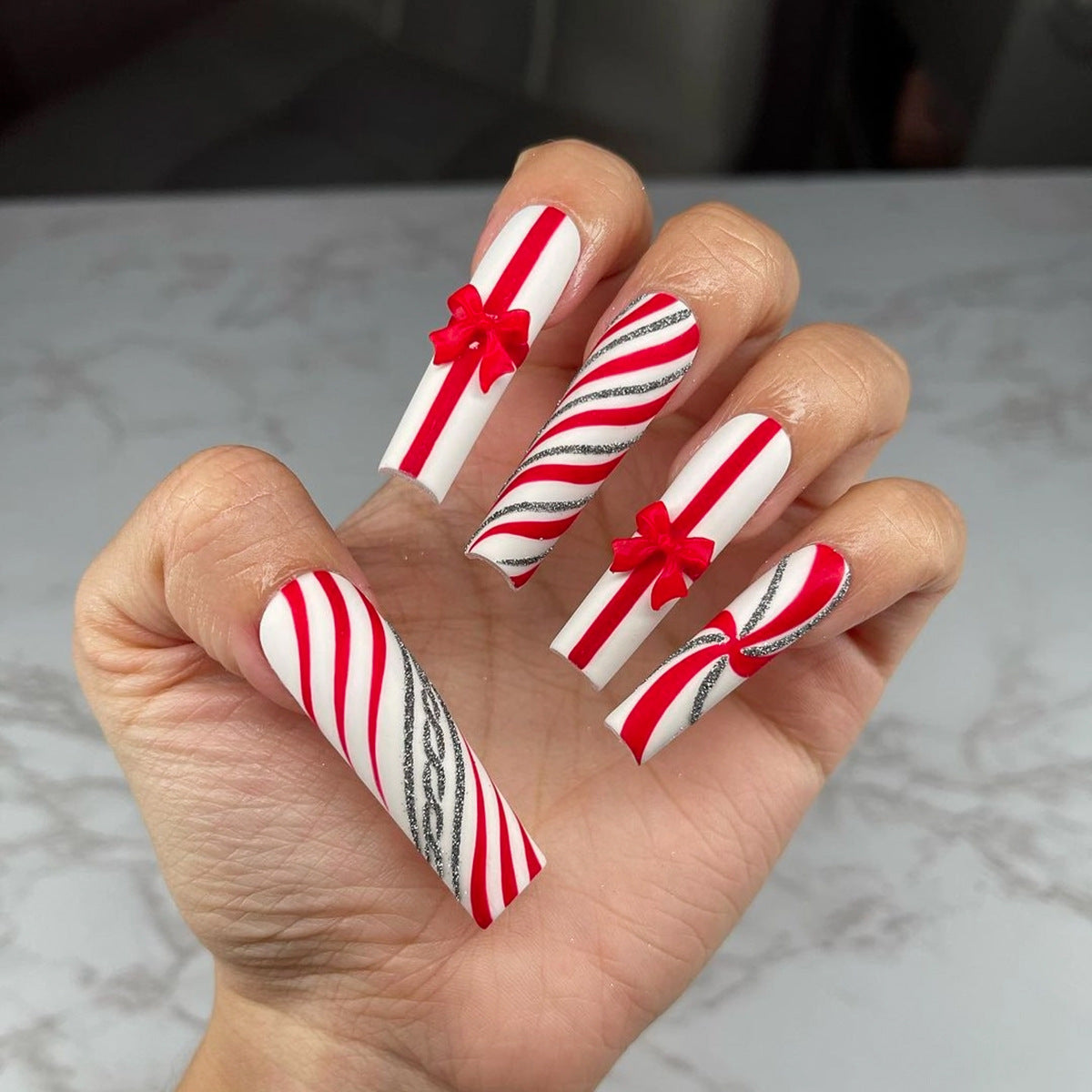 Candy Cane Christmas Press-On Nails in Red and White | Bow and Silver Accent Tips | Durable Acrylic for Festive Parties