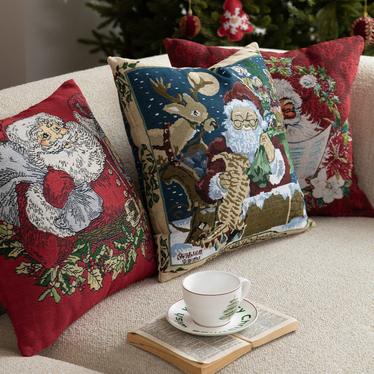 Christmas Home Decor Tapestry Pillow Cover with Santa and Reindeer Motif | Woven Gobelin Texture, Concealed Zipper | Six Designs