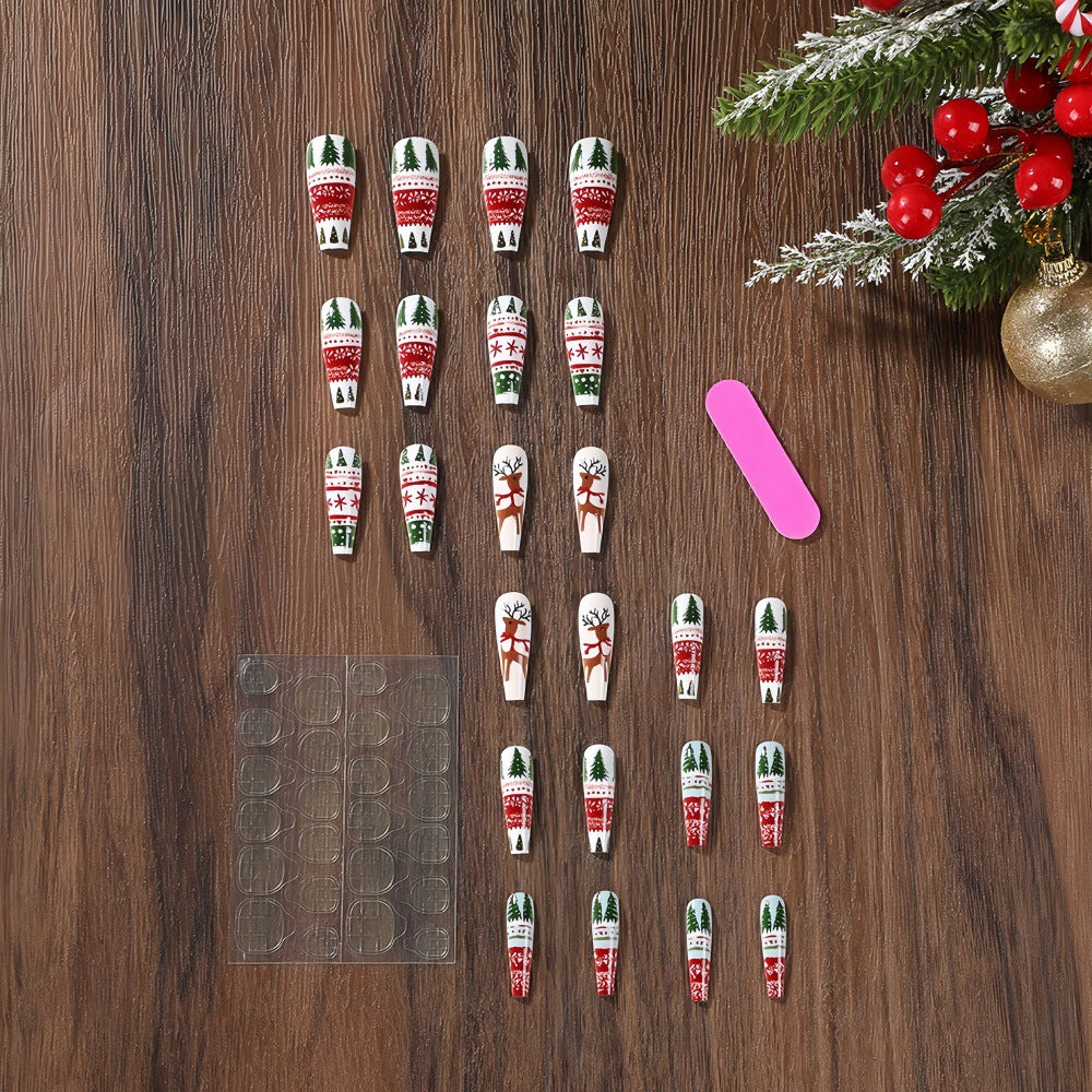 Christmas Fingernails with Tree and Reindeer Motifs | Set of 24 Press On Nails in White | Festive Xmas Manicure Kit
